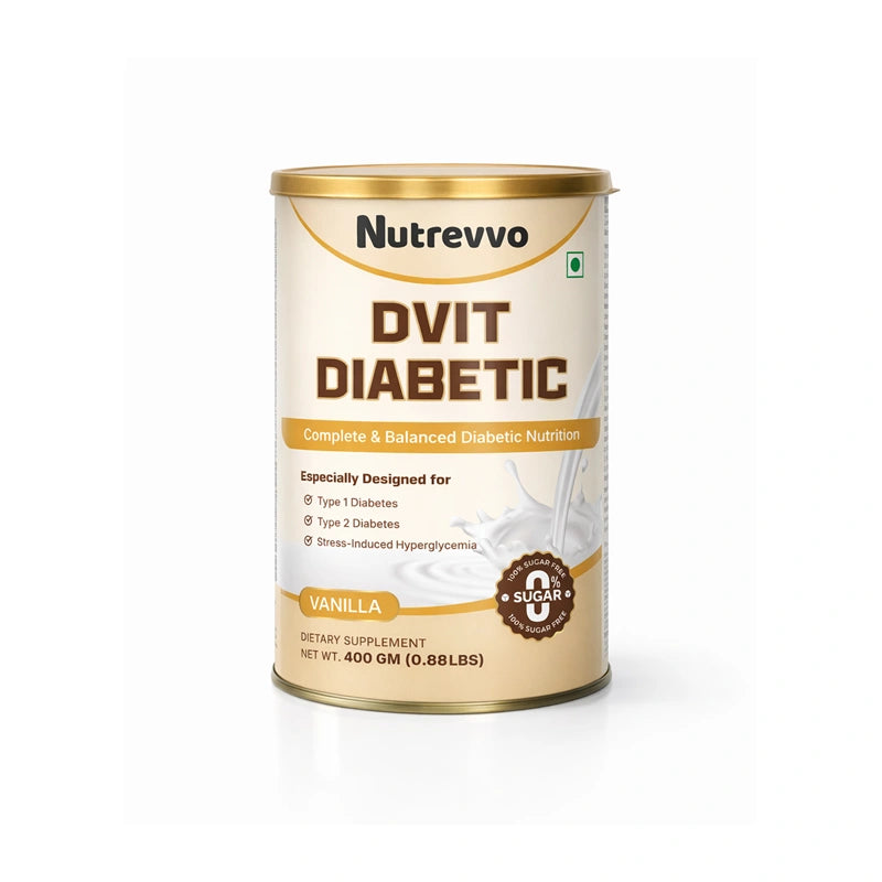 Nutrevvo DVIT Diabetic dietary supplement can on a white background
