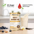 Nutrevvo DVIT Diabetic supplement can with vanilla flavor on a table with blueberries and a glass of milk.