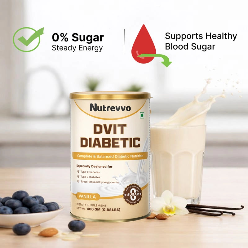 Nutrevvo DVIT Diabetic supplement can with vanilla flavor on a table with blueberries and a glass of milk.