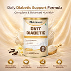Nutrevvo DVIT DIABETIC supplement can with vanilla flavor on a beige background