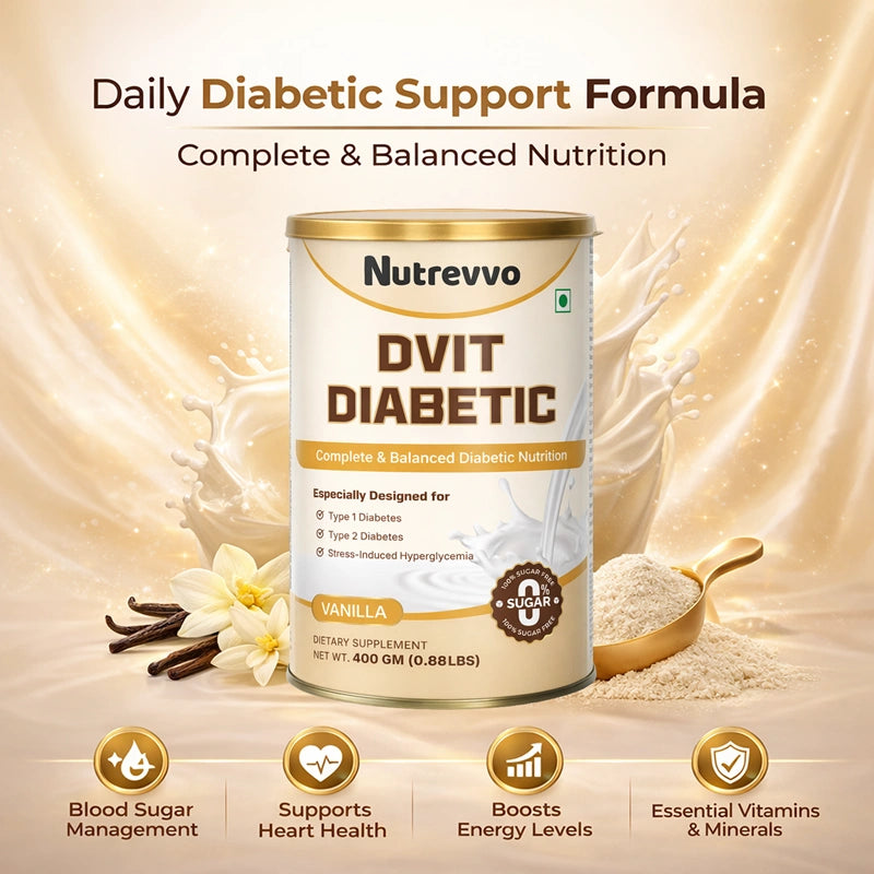 Nutrevvo DVIT DIABETIC supplement can with vanilla flavor on a beige background