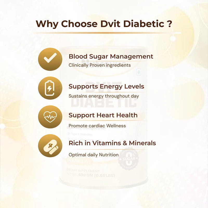 Promotional graphic for Dvit Diabetic product highlighting benefits on a light background.